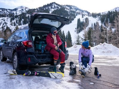 Skiers Getting Ready out of Subaru in Snowbird Parking Lot